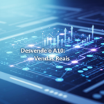 Uma ilustração digital abstrata e moderna que representa o algoritmo A10 da Amazon com dados interconectados e setas de crescimento, com o texto "Desvende o A10: Vendas Reais". A imagem visualiza os "Fatores que Realmente Impulsionam Vendas" ao "Decifrar o Algoritmo A10 da Amazon".