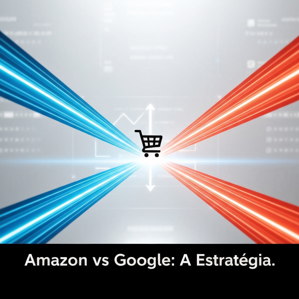 Imagem conceitual mostrando a convergência estratégica de fluxos digitais azuis (Google Ads) e laranja (Amazon Ads) em direção a um ícone de e-commerce, ilustrando a questão "Amazon Ads vs Google Ads: Qual Gera Mais Vendas para E-commerce?".
