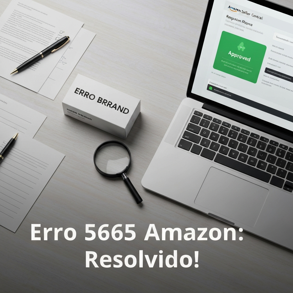 Uma imagem profissional de um produto com marca visível ao lado de um laptop exibindo a aprovação da Amazon Seller Central, com o texto "Erro 5665 Amazon: Resolvido!". A imagem ilustra o guia passo a passo sobre Como Resolver o Erro 5665 da Amazon para Aprovação de Marca.