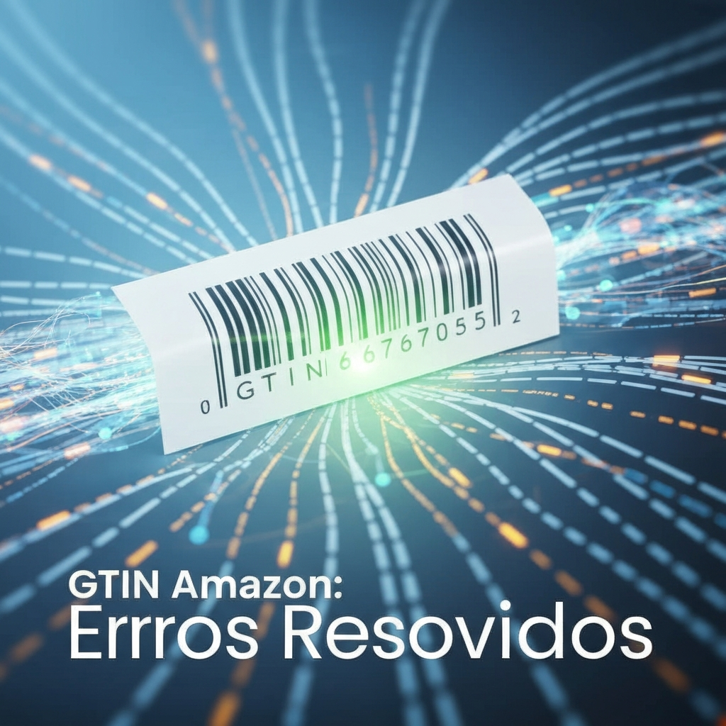 Ilustração digital de um código de barras GTIN com um brilho verde, cercado por dados digitais organizados, simbolizando a resolução de conflitos e erros de código de barras na Amazon, conforme detalhado no guia definitivo.