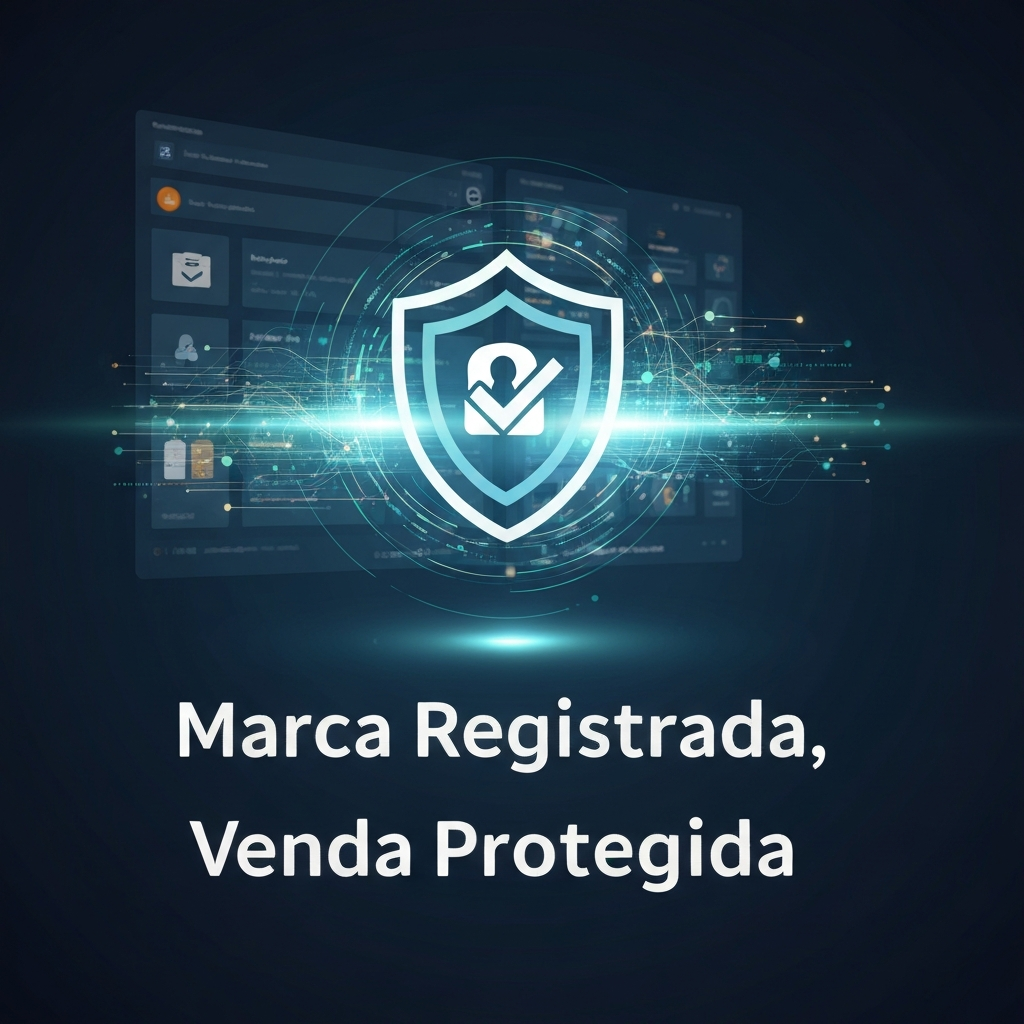 A modern digital illustration featuring a stylized shield protecting a subtle Amazon marketplace interface, with the headline "Marca Registrada, Venda Protegida". This image represents the Amazon Brand Registry Brasil: Guia Completo para Registrar sua Marca e Proteger seus Anúncios.