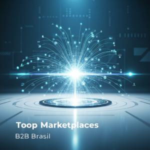 Digital illustration showing interconnected businesses via a central B2B marketplace hub, with glowing lines representing data flow and growth, illustrating the article "Os 5 Maiores Marketplaces B2B do Brasil: Análise Completa e Transparente".