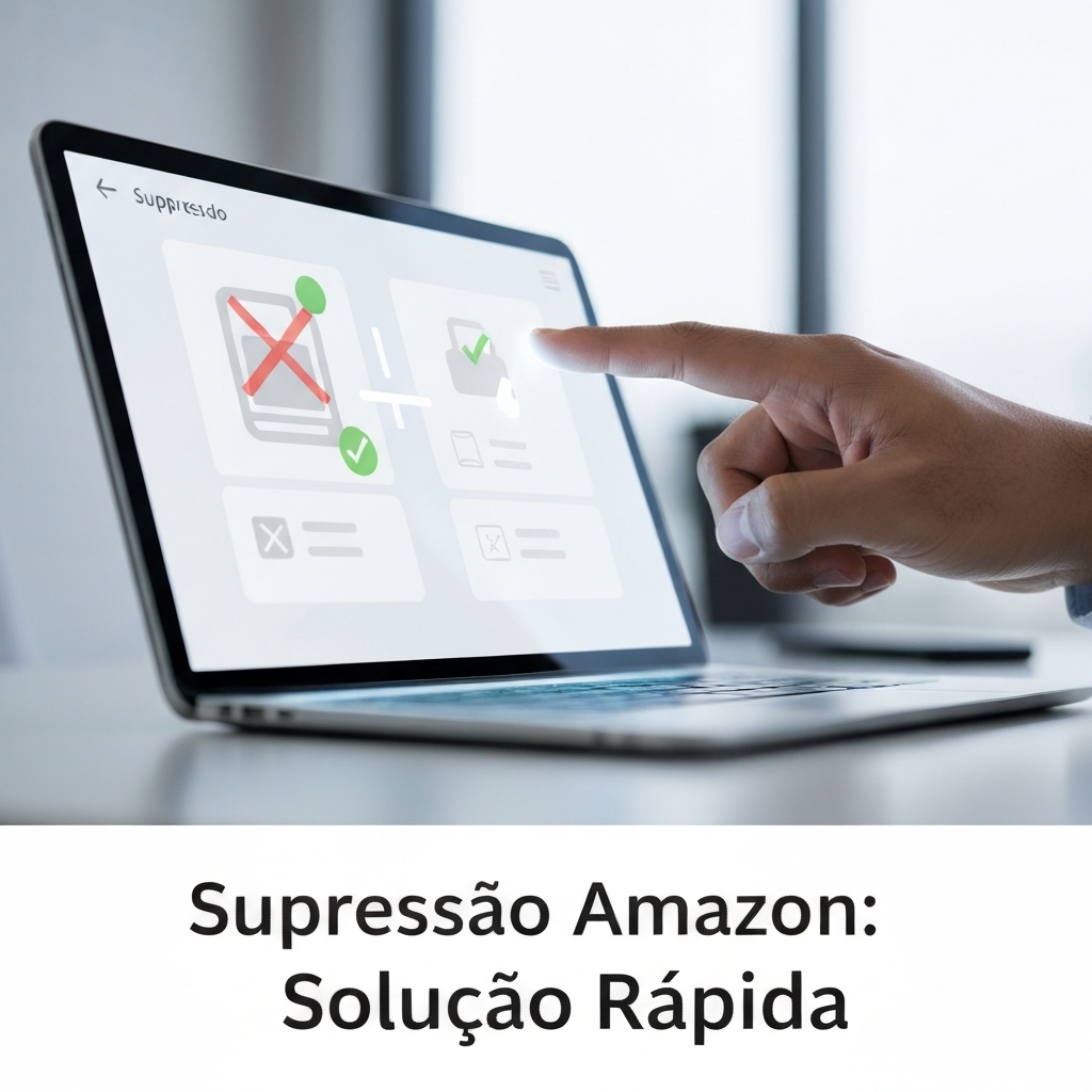 Imagem conceitual mostrando uma mão interagindo com uma tela, onde um anúncio suprimido da Amazon se transforma em um anúncio ativo e visível, ilustrando como identificar a causa e reativar sua oferta rapidamente.