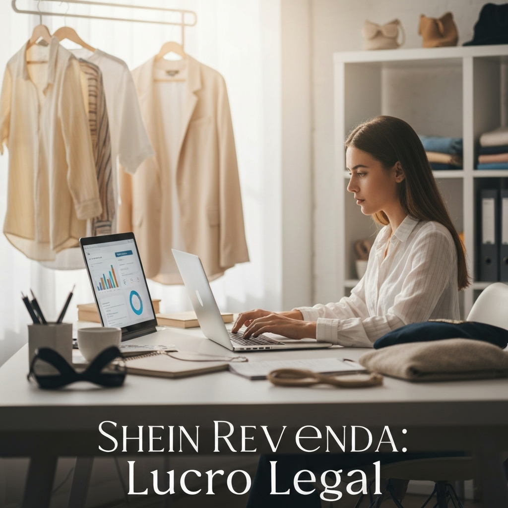 A young female entrepreneur working on her laptop at a modern desk, surrounded by neatly organized fashion items, symbolizing the process of buying from Shein to resell legally and profitably, as detailed in the "Como Comprar na Shein para Revender: Guia Passo a Passo 2025" article.