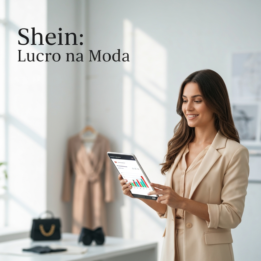A stylish young woman reviewing sales data on a tablet, surrounded by a curated selection of trendy clothing, illustrating the guide "Moda Shein para Revenda: Guia Completo das Peças Mais Lucrativas".