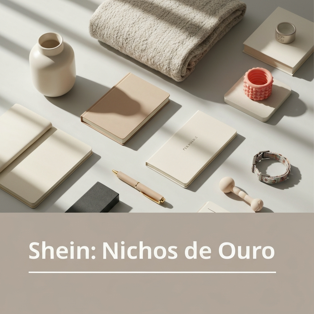 A flat lay image featuring a curated collection of home decor, stationery, and pet products, symbolizing the unexplored niches on Shein for resale, as discussed in "Nichos Inexplorados na Shein: Casa, Papelaria e Pet para Revenda."