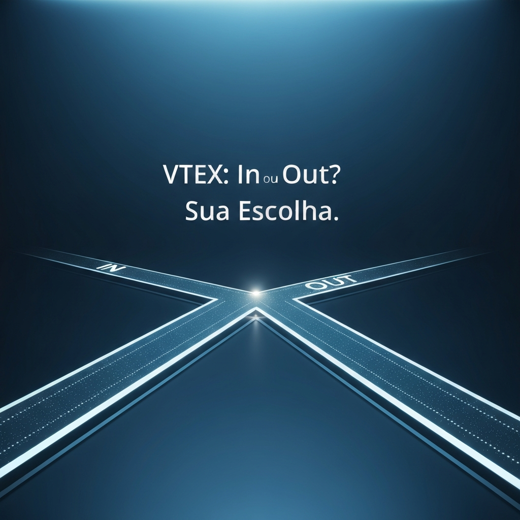 An abstract, minimalist image depicting two diverging digital pathways, one labeled "IN" and the other "OUT," representing a strategic decision point for VTEX marketplace models. The image illustrates the core theme of the article "VTEX Marketplace In vs. Out: Qual Estratégia Escolher?"