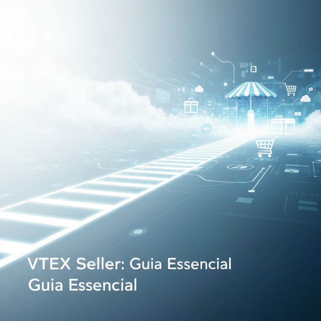 Digital illustration showing a clear, illuminated path leading to a bustling online marketplace, with the headline "VTEX Seller: Guia Essencial" overlaid. The image visually represents "Como Vender na VTEX: Um Guia Passo a Passo para Sellers".