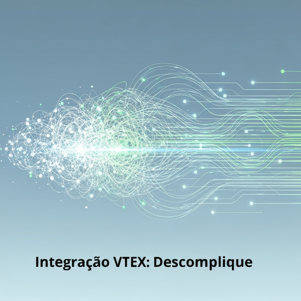 Imagem abstrata digital mostrando a transição de linhas de dados emaranhadas para conexões organizadas, simbolizando a resolução dos "5 Problemas Comuns na Integração VTEX Marketplace e Suas Soluções".