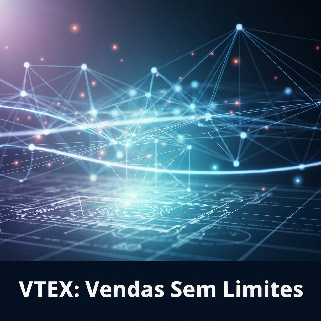 Digital illustration showing an interconnected network of nodes and data flows, with geometric shapes representing strategic planning and modularity, overlaid with the headline "VTEX: Vendas Sem Limites". This visual represents "O Ecossistema VTEX: Um Guia Estratégico para Maximizar Suas Vendas".