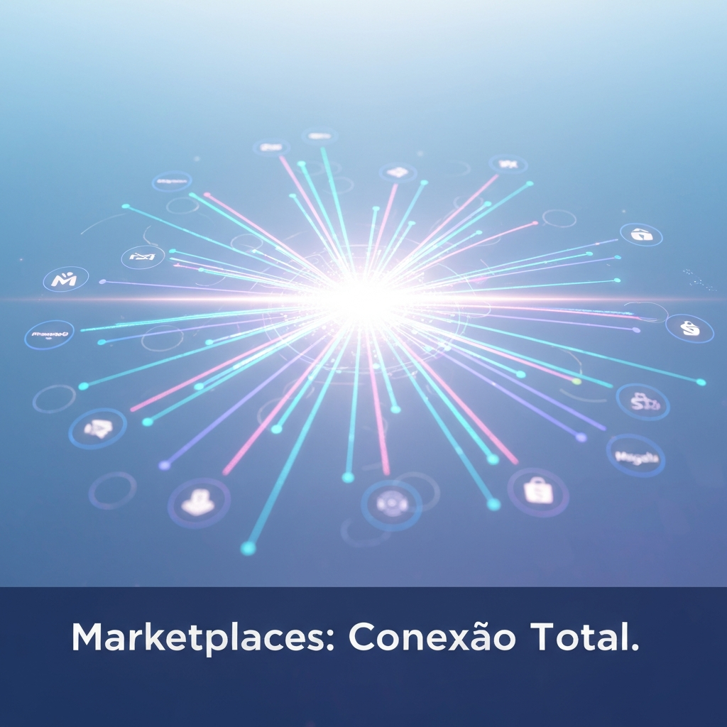 Uma ilustração digital moderna e profissional mostrando um hub central brilhante conectando-se a ícones estilizados de marketplaces como Mercado Livre, Amazon e Shopee, simbolizando a integração e otimização de vendas. A imagem é para o artigo "Melhores Hubs de Integração para Marketplaces no Brasil: Análise Completa".