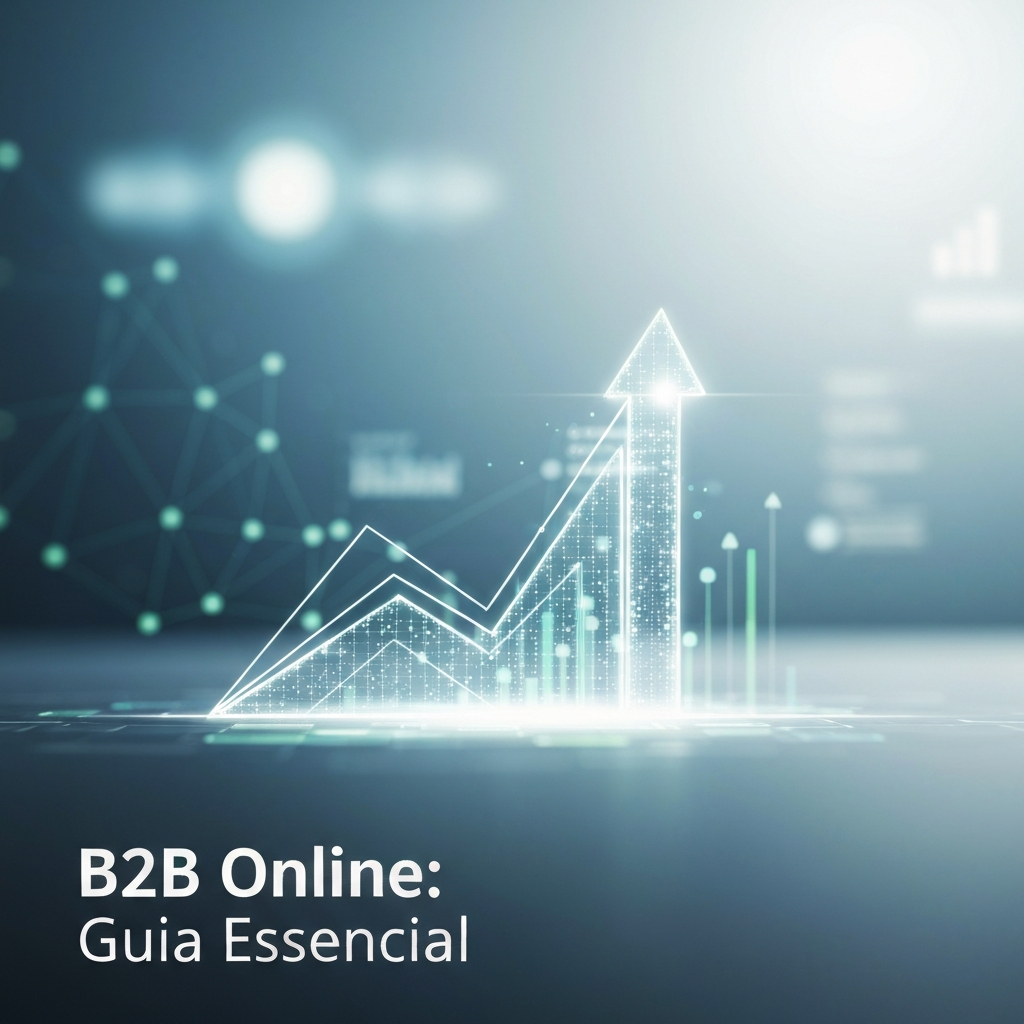 Imagem abstrata e moderna de um caminho digital ascendente com conexões de rede, simbolizando o crescimento e a estratégia para vender em marketplaces B2B. O texto "B2B Online: Guia Essencial" está sobreposto. A imagem ilustra o artigo "Como Vender em Marketplaces B2B: Guia Prático Passo a Passo".