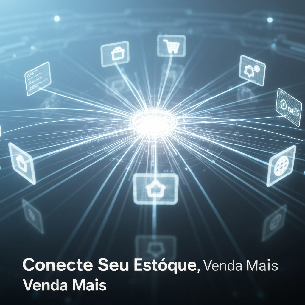 Ilustração digital moderna mostrando um hub central conectando e sincronizando estoque em múltiplos marketplaces como Mercado Livre e Shopee, com o texto "Conecte Seu Estoque, Venda Mais".