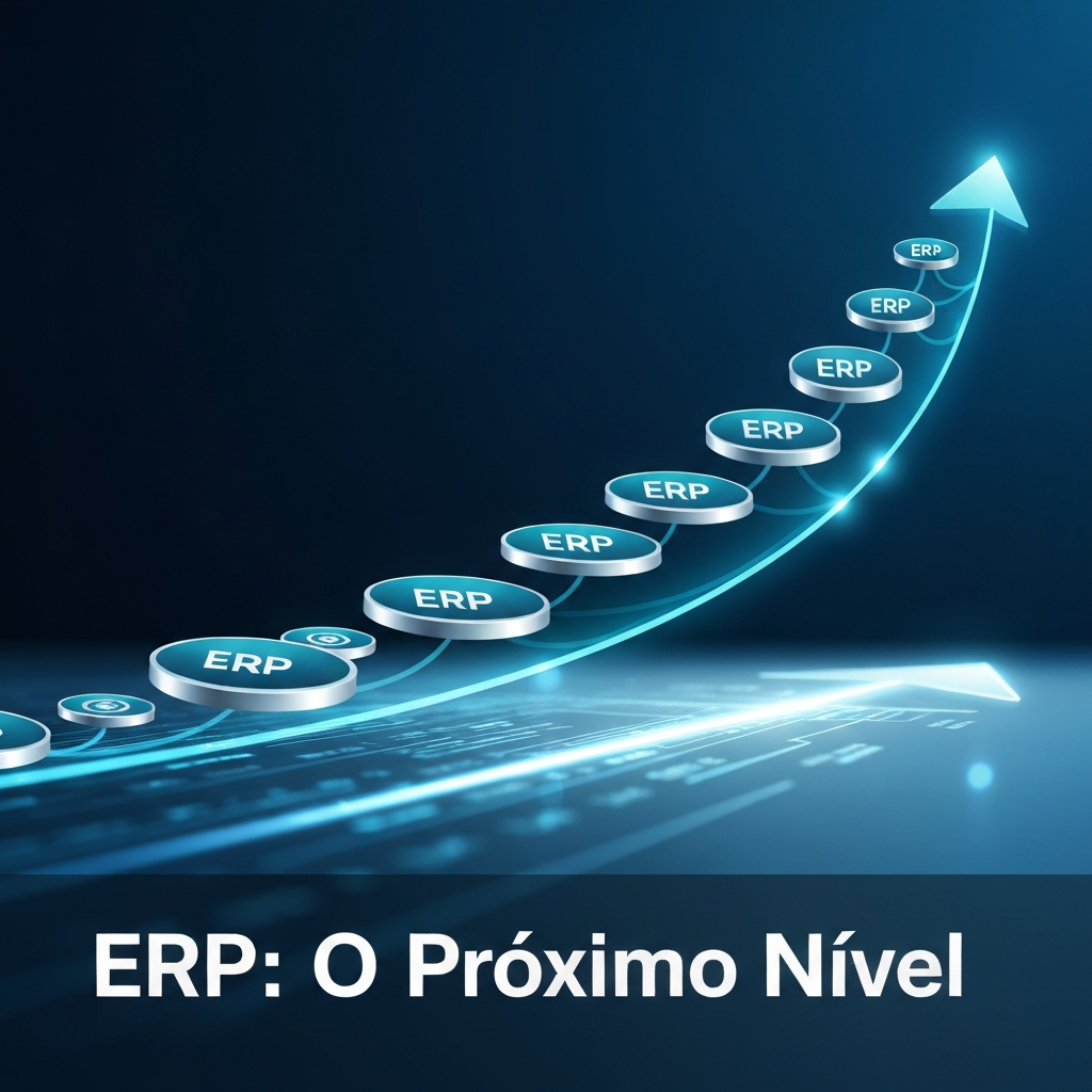 Visual representation of ERP system evolution for growing e-commerce businesses, showing a clear path from basic solutions to advanced ones like Bling, Tiny, Omie, or TOTVS, with the headline "ERP: O Próximo Nível".