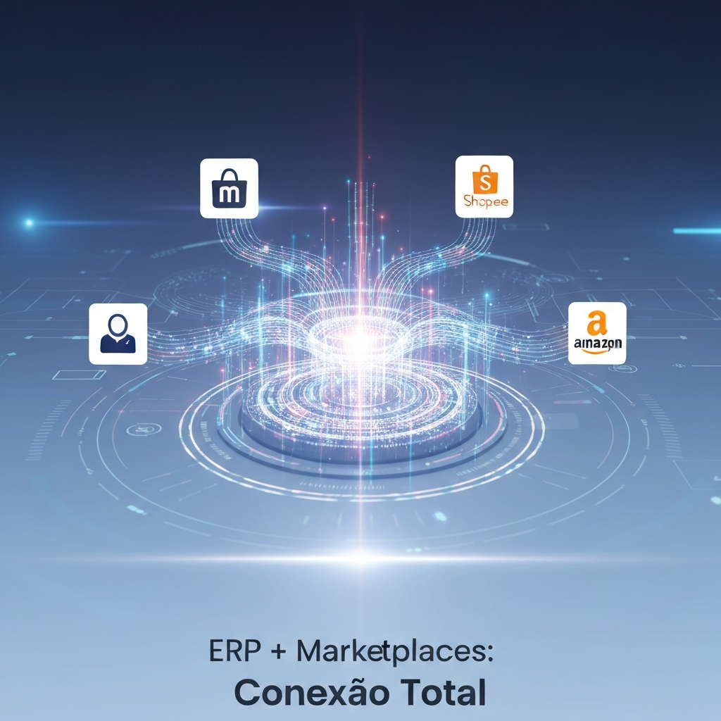 Imagem conceitual de um sistema ERP centralizado conectando-se a ícones estilizados do Mercado Livre, Shopee e Amazon, simbolizando a integração e automação para gestão eficiente de múltiplos marketplaces. O texto "ERP + Marketplaces: Conexão Total" está sobreposto.