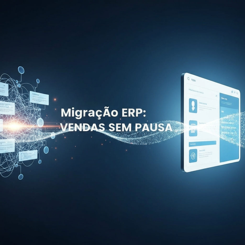 Digital illustration showing a seamless data flow from a complex, older system to a modern, streamlined ERP, with the headline "Migração ERP: Vendas Sem Pausa," illustrating how to migrate ERP without interrupting e-commerce sales.