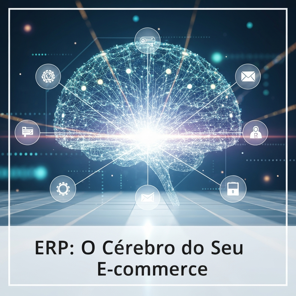Imagem conceitual de um sistema ERP para e-commerce, mostrando um cérebro digital central conectando e automatizando funções como estoque, finanças e logística, ilustrando "O que é um ERP para E-commerce e Por Que Todo Lojista Precisa de Um em 2025?".