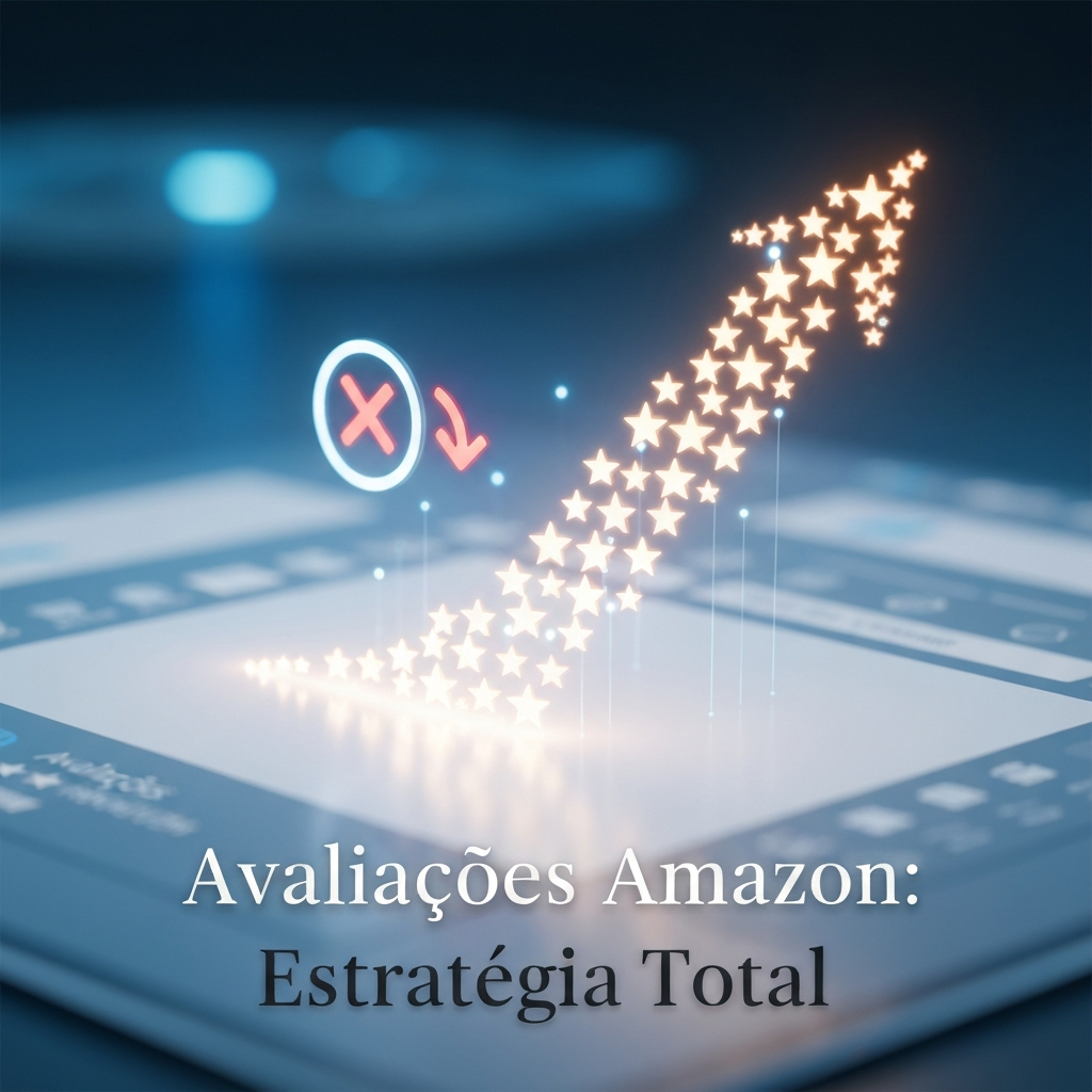 Imagem conceitual de um gráfico de avaliações positivas em ascensão no Amazon Seller Central, com um ícone de feedback negativo sendo gerenciado, ilustrando 'Como Gerar Avaliações na Amazon e Gerenciar Feedback Negativo: O Guia Definitivo'.