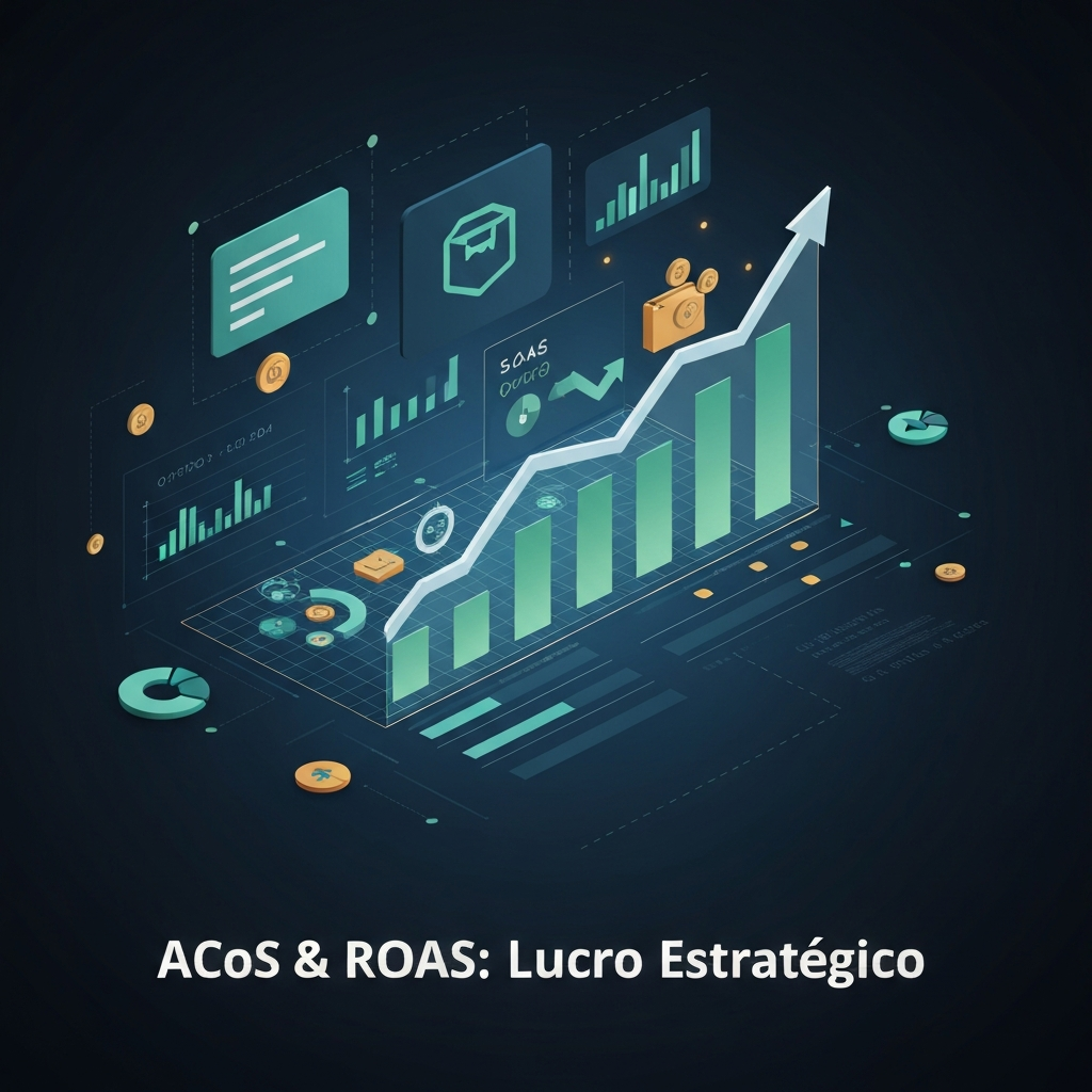 Digital illustration showing advanced Amazon Ads optimization for ACoS and ROAS, with data transforming into profit graphs, representing a guide to strategic profitability.