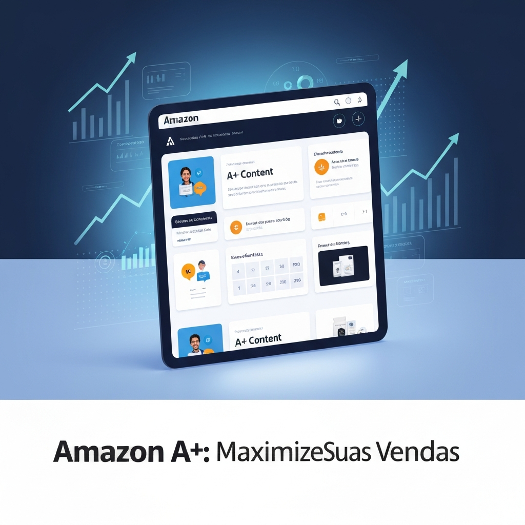 Imagem conceitual de uma interface de página de produto da Amazon com Conteúdo A+ otimizado, gráficos de crescimento e elementos digitais, ilustrando como usar o Conteúdo A+ da Amazon para aumentar a conversão e vendas.
