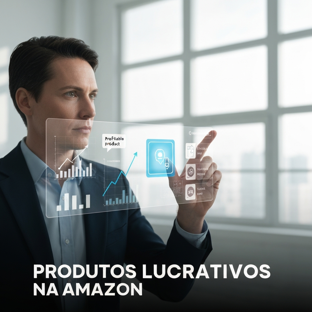 Imagem de uma pessoa profissional analisando dados e gráficos em uma tela holográfica, simbolizando a pesquisa e descoberta de produtos lucrativos para vender na Amazon Brasil, conforme o guia definitivo.
