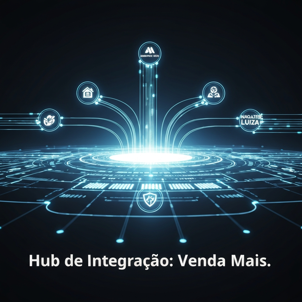Imagem de um hub de integração digital central conectando e otimizando múltiplas plataformas de marketplace, com o texto "Hub de Integração: Venda Mais." sobreposto. Ilustra como um hub de integração de marketplaces otimiza as vendas.