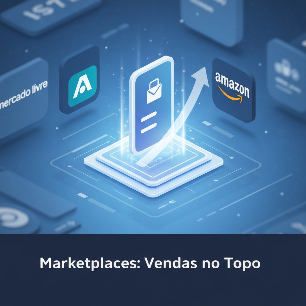 Imagem conceitual de SEO para marketplaces, mostrando um anúncio de produto otimizado subindo no ranking digital, com elementos gráficos do Mercado Livre e Amazon ao fundo. O guia passo a passo para otimizar seus anúncios.