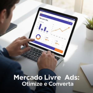 Hands interacting with a tablet displaying a Mercado Livre Ads dashboard with conversion metrics and growth graphs, representing the "Mercado Livre Ads 2025: Um Tutorial Completo para Criar Campanhas que Convertem" article.