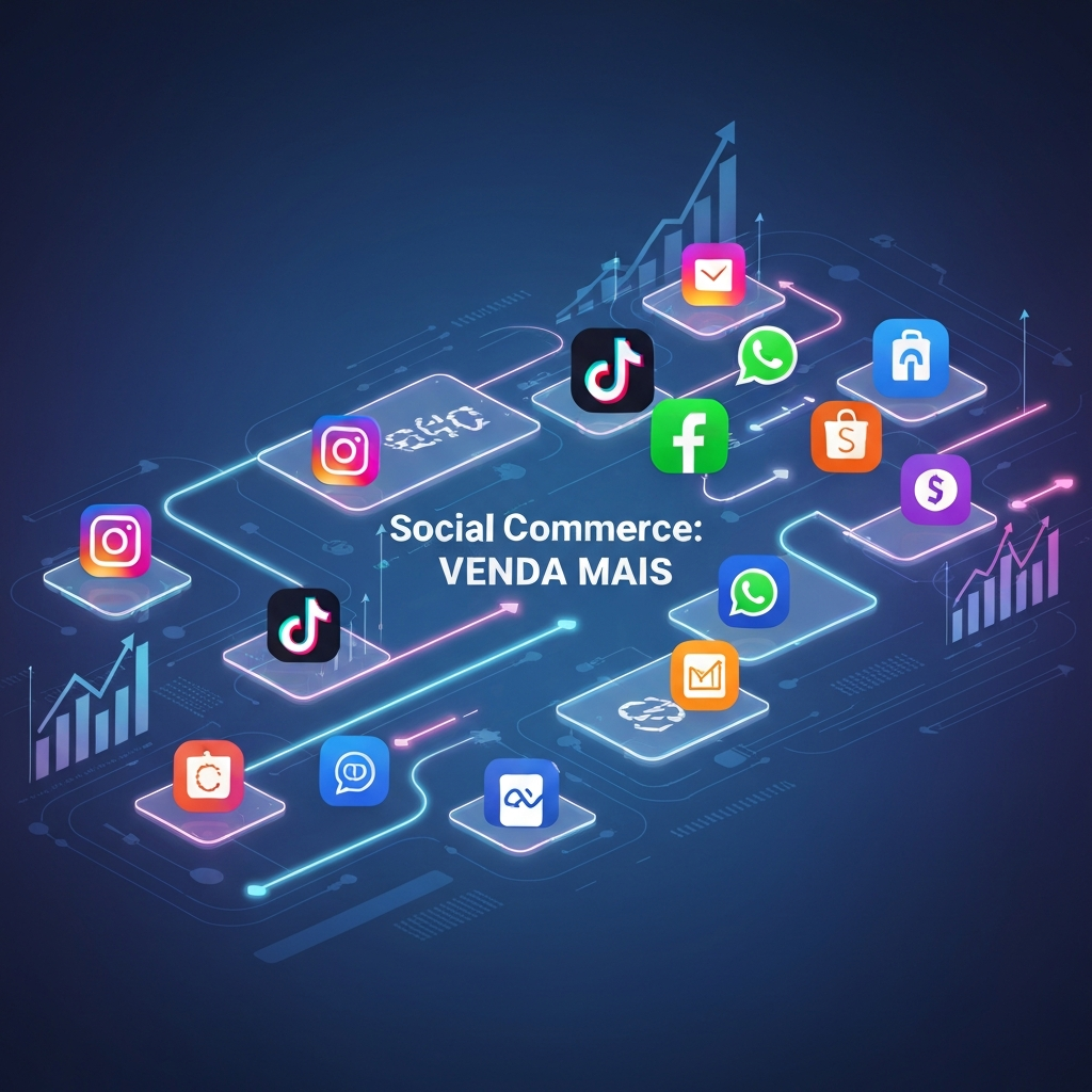 Imagem ilustrativa de Social Commerce: 5 Estratégias Avançadas para Vender em Marketplaces com Redes Sociais. Mostra ícones de redes sociais e marketplaces interconectados por linhas digitais, simbolizando a integração e o fluxo de vendas, com o texto "Social Commerce: Venda Mais".