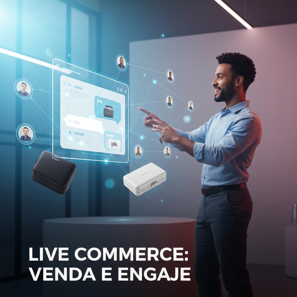 Imagem de um apresentador carismático em um estúdio moderno, interagindo com uma tela holográfica que mostra chat e produtos, simbolizando o Live Commerce e seu guia definitivo para vender mais online.