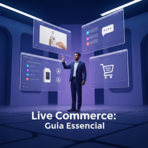 Uma figura profissional interage com múltiplas telas holográficas exibindo elementos de live commerce como demonstrações de produtos, chat ao vivo e carrinhos de compra, representando as "As 5 Melhores Plataformas de Live Commerce para Vender no Brasil: Guia Comparativo 2025".