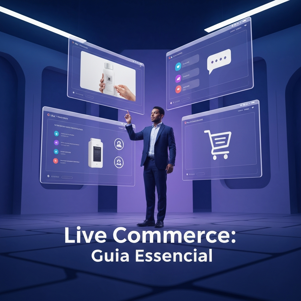 Uma figura profissional interage com múltiplas telas holográficas exibindo elementos de live commerce como demonstrações de produtos, chat ao vivo e carrinhos de compra, representando as "As 5 Melhores Plataformas de Live Commerce para Vender no Brasil: Guia Comparativo 2025".