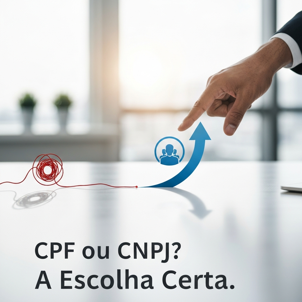 Image showing a professional hand guiding a stylized business icon towards a clear, ascending blue arrow representing CNPJ, away from a tangled red string representing CPF, on a minimalist desk. The headline reads "CPF ou CNPJ? A Escolha Certa." This visual represents the definitive guide for selling with CPF or CNPJ in marketplaces in 2024.