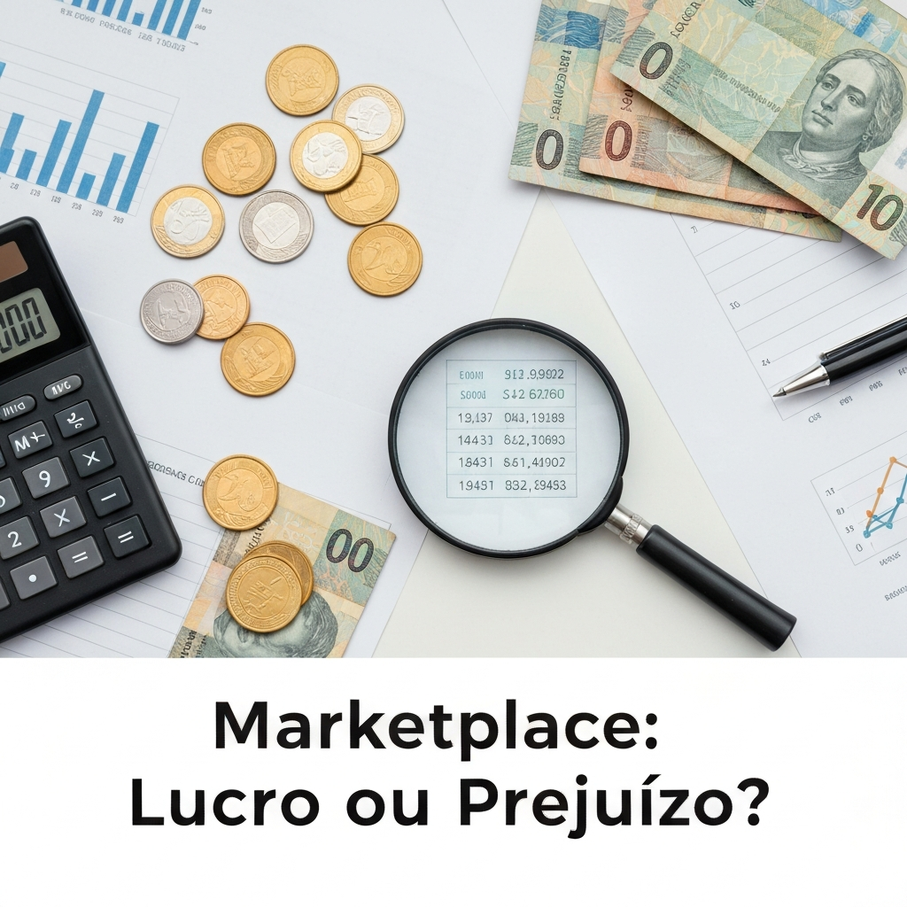 Uma imagem de topo de mesa com moedas e notas de dinheiro brasileiro, documentos financeiros com gráficos, um calculadora e uma lupa destacando pequenos números, com o título "Marketplace: Lucro ou Prejuízo?". Ilustra o artigo "Taxas de Marketplaces: Guia Comparativo das Comissões e Custos Ocultos (2024)" e a análise de custos e lucros em plataformas de e-commerce.