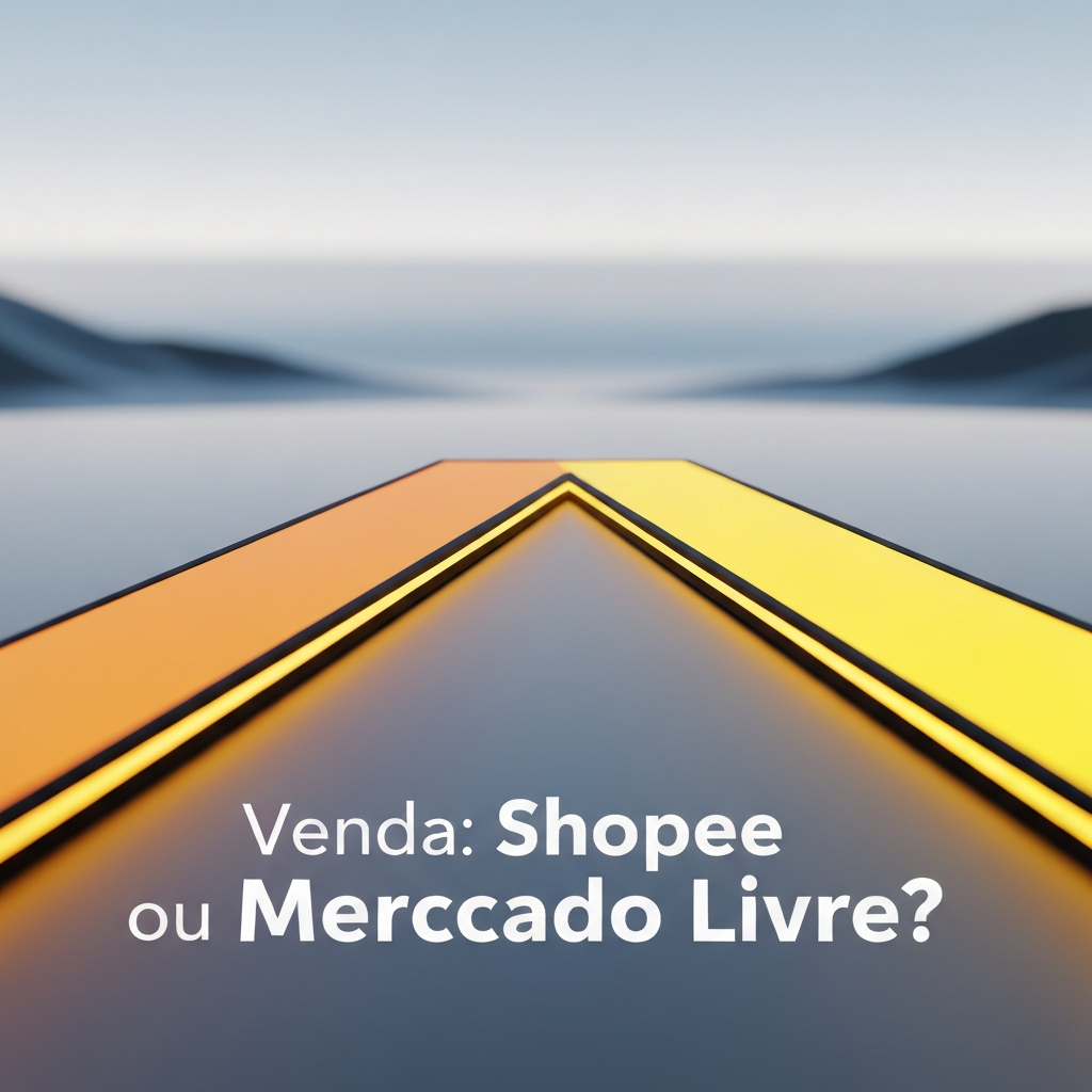 Uma representação visual da escolha entre Shopee e Mercado Livre, com caminhos digitais distintos em laranja e amarelo/preto convergindo, sobrepostos com o título 'Venda: Shopee ou Mercado Livre?'. A imagem ilustra o artigo 'Shopee ou Mercado Livre: Qual o Melhor Marketplace para Vender em 2024?'.