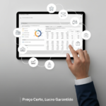 A hand interacting with a digital spreadsheet on a tablet, showing financial calculations for sales price, costs, and profit in marketplaces, with the headline 'Preço Certo, Lucro Garantido'. This image illustrates the article 'Como Calcular Preço de Venda em Marketplaces: Guia Definitivo 2026 com Planilha Grátis'.