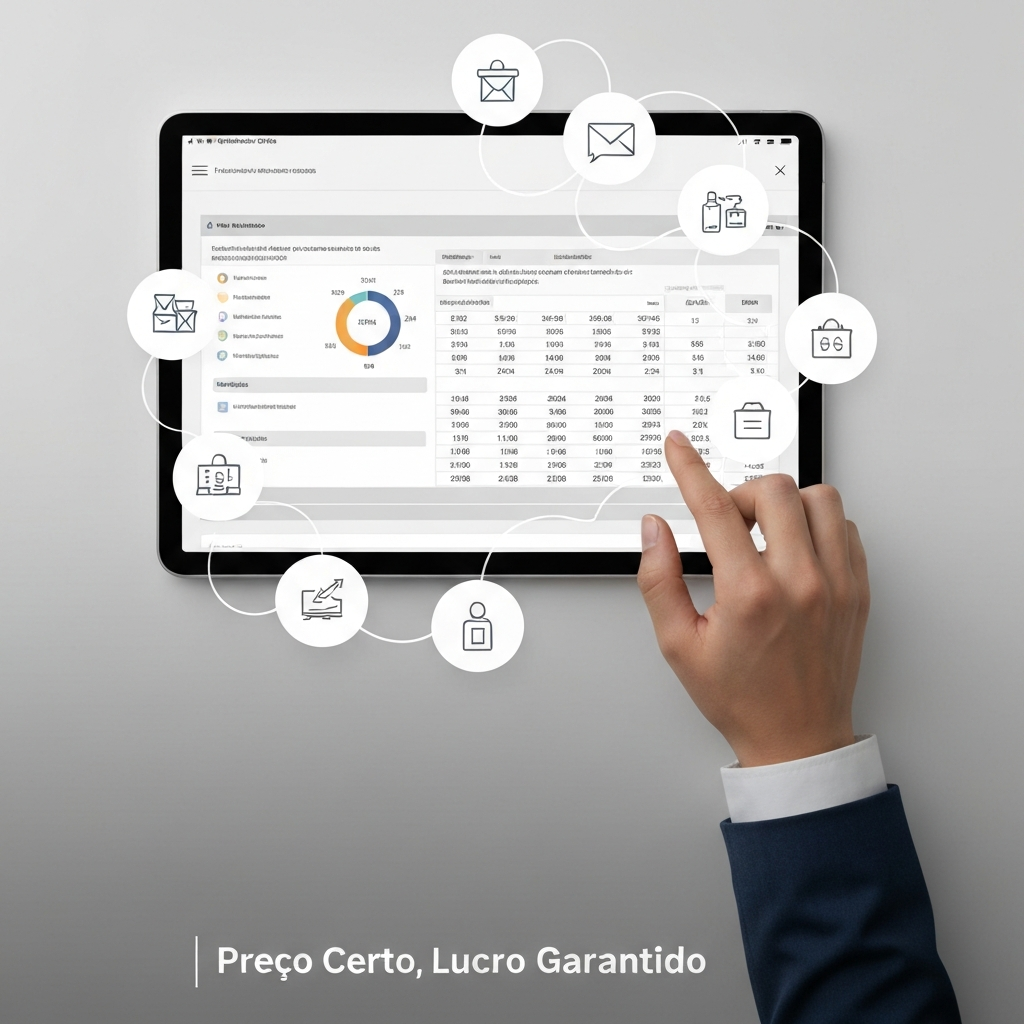 A hand interacting with a digital spreadsheet on a tablet, showing financial calculations for sales price, costs, and profit in marketplaces, with the headline 'Preço Certo, Lucro Garantido'. This image illustrates the article 'Como Calcular Preço de Venda em Marketplaces: Guia Definitivo 2026 com Planilha Grátis'.