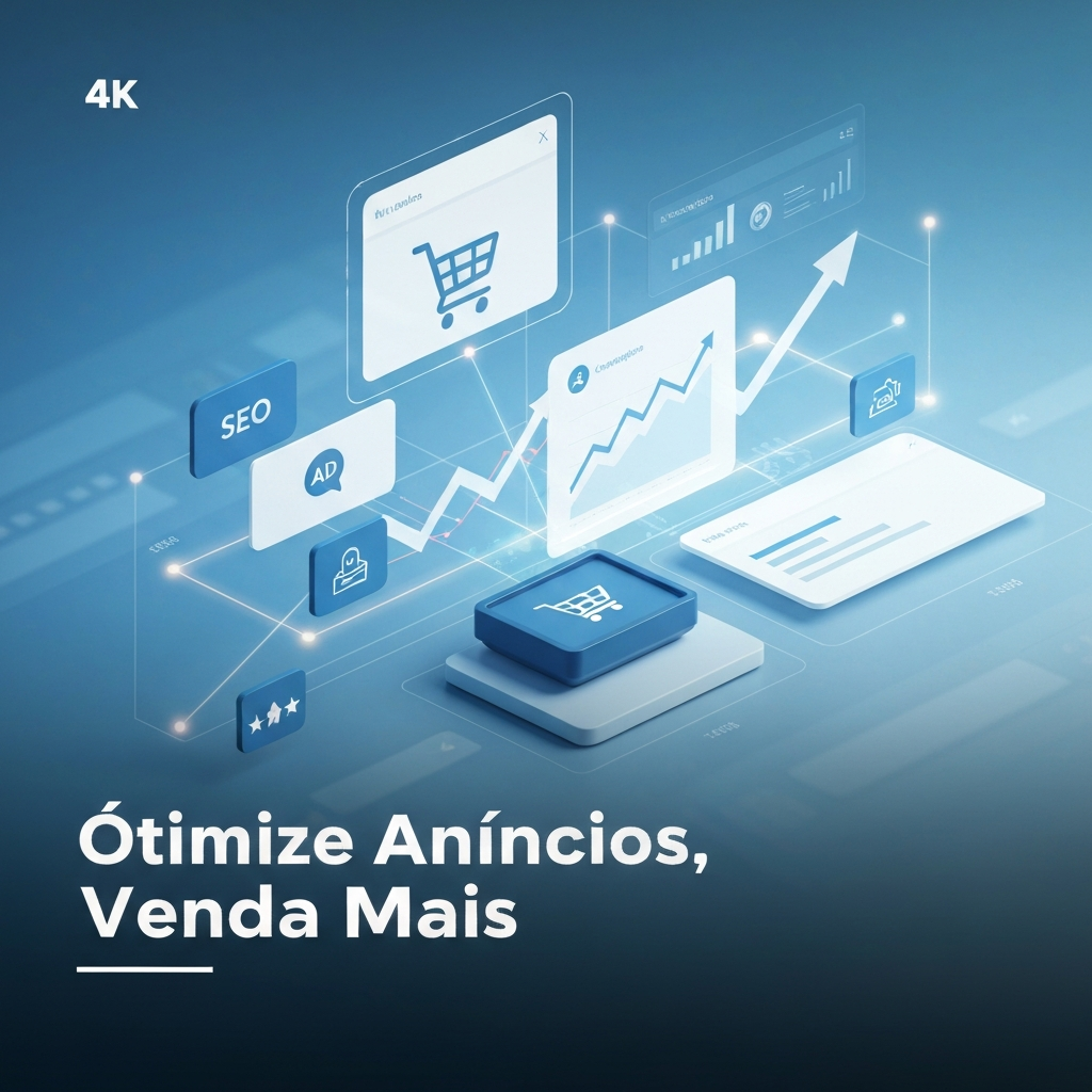 Digital illustration showing various e-commerce elements like a shopping cart, upward sales graphs, and data analytics, representing the 8 strategies to optimize ads and sell more in marketplaces.