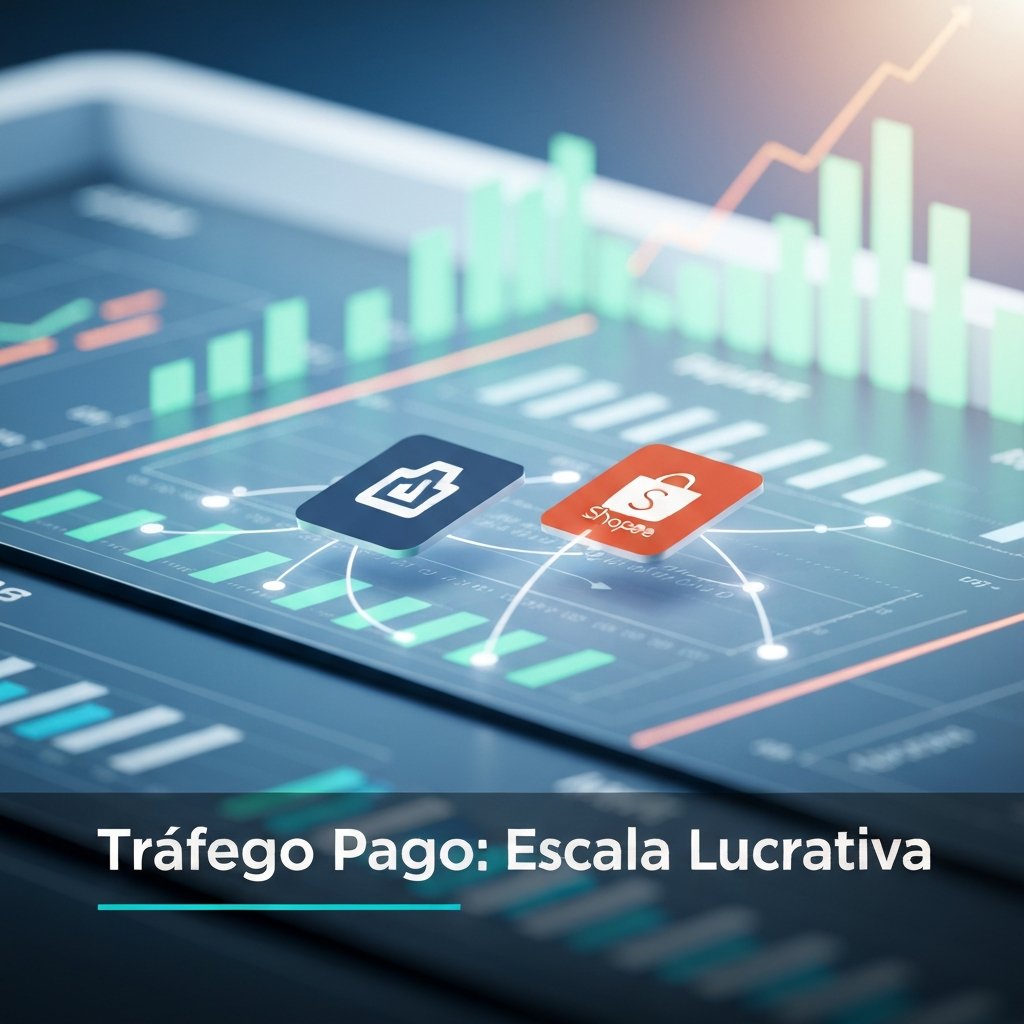 Imagem de um painel digital moderno com gráficos de crescimento e ícones estilizados de Mercado Ads e Shopee Ads interconectados, simbolizando estratégias avançadas de tráfego pago para escalar vendas e lucro. A imagem acompanha o artigo "Guia Avançado de Tráfego Pago: Como Escalar Vendas com Mercado Ads e Shopee Ads".