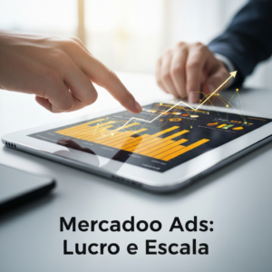 Imagem de uma mão interagindo com um tablet que exibe um gráfico de crescimento financeiro e elementos digitais, simbolizando o "Guia Prático: Como Fazer Tráfego Pago para Anúncios no Mercado Livre (Mercado Ads)" e a otimização de vendas.