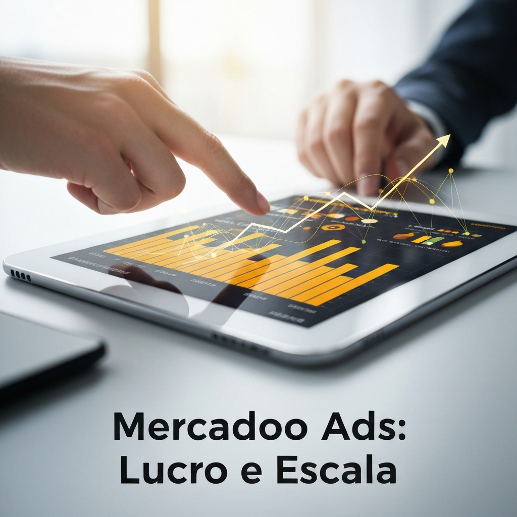 Imagem de uma mão interagindo com um tablet que exibe um gráfico de crescimento financeiro e elementos digitais, simbolizando o "Guia Prático: Como Fazer Tráfego Pago para Anúncios no Mercado Livre (Mercado Ads)" e a otimização de vendas.