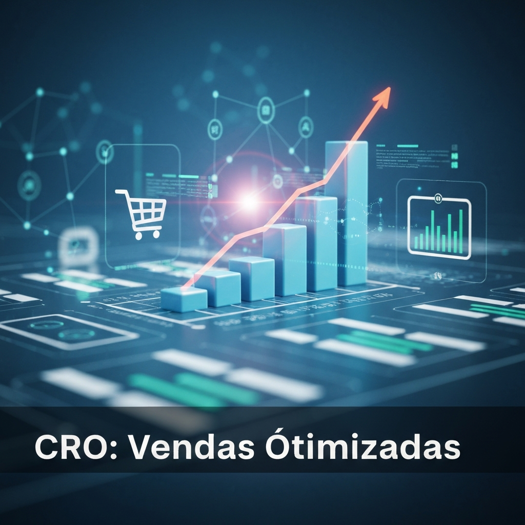 A digital interface with an upward-trending 3D graph and abstract marketplace icons, symbolizing advanced strategies for optimizing conversion rate (CRO) in marketplaces, with the headline "CRO: Vendas Otimizadas".