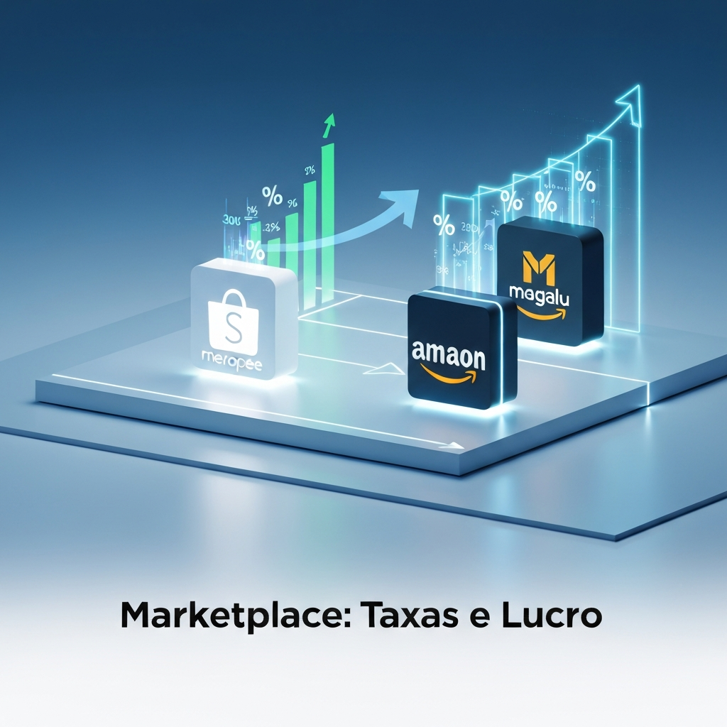 Imagem conceitual mostrando os logos de Mercado Livre, Shopee, Amazon e Magalu como blocos de dados, com gráficos de crescimento e setas, representando um guia de taxas e comparativo de custos para otimização de lucro em marketplaces.