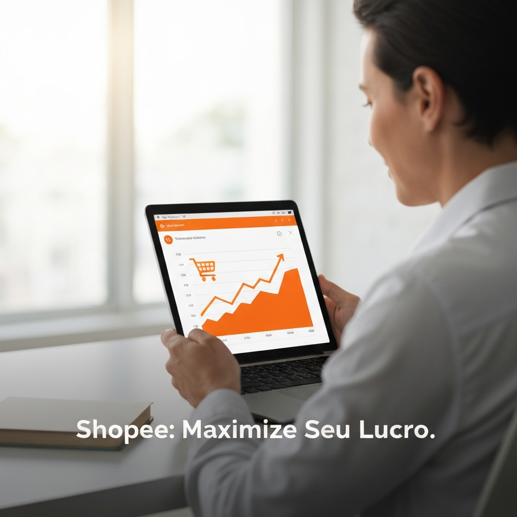 Imagem de uma pessoa analisando um dashboard financeiro digital, com o texto "Shopee: Maximize Seu Lucro." sobreposto, ilustrando o artigo "Taxas da Shopee para Vendedores 2024: Guia Detalhado de Comissões e Custos".