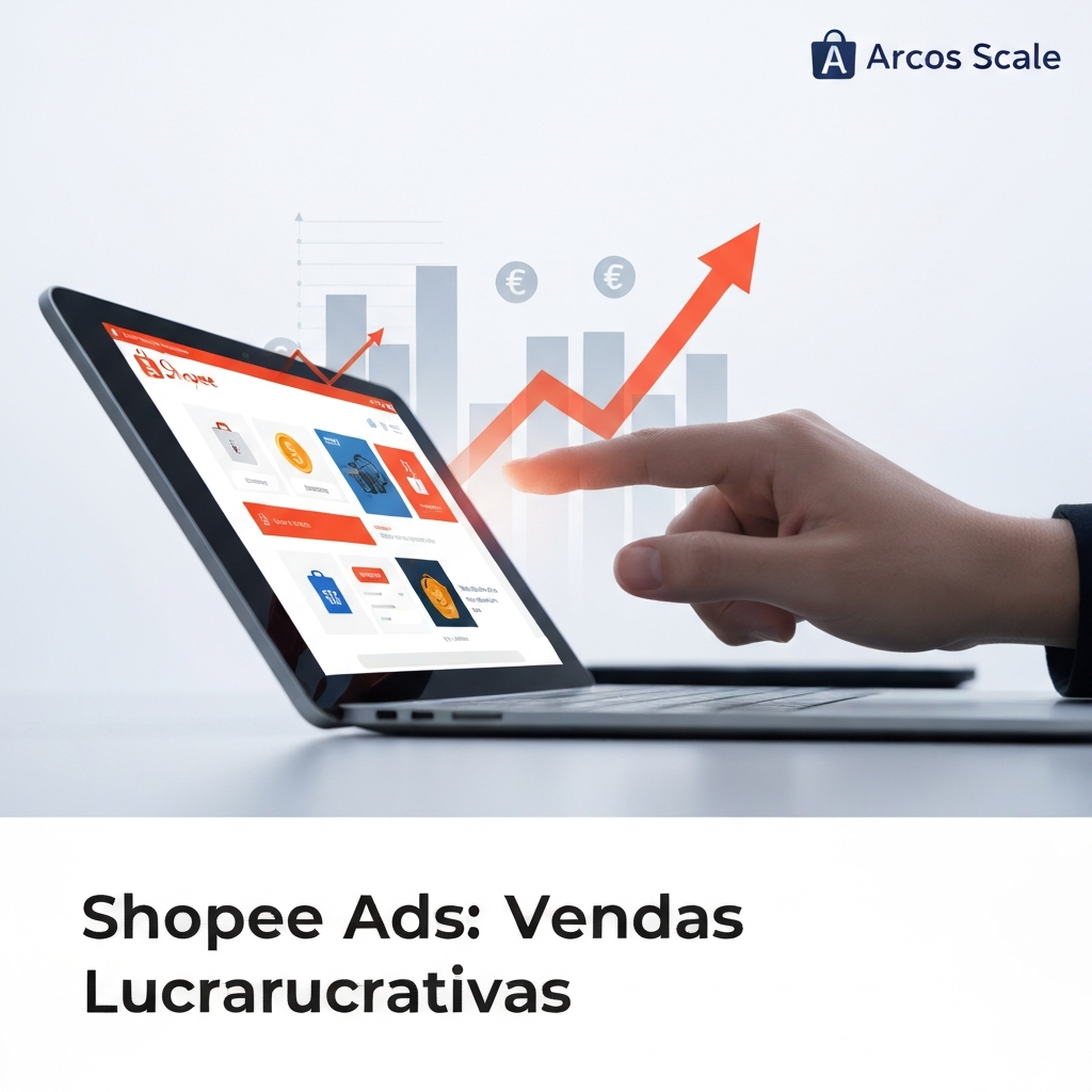 Imagem de um guia passo a passo para anunciar na Shopee Ads, mostrando elementos digitais de crescimento e lucro em uma tela de tablet, com o título "Como Anunciar na Shopee Ads: Guia Passo a Passo para Criar Campanhas Lucrativas".
