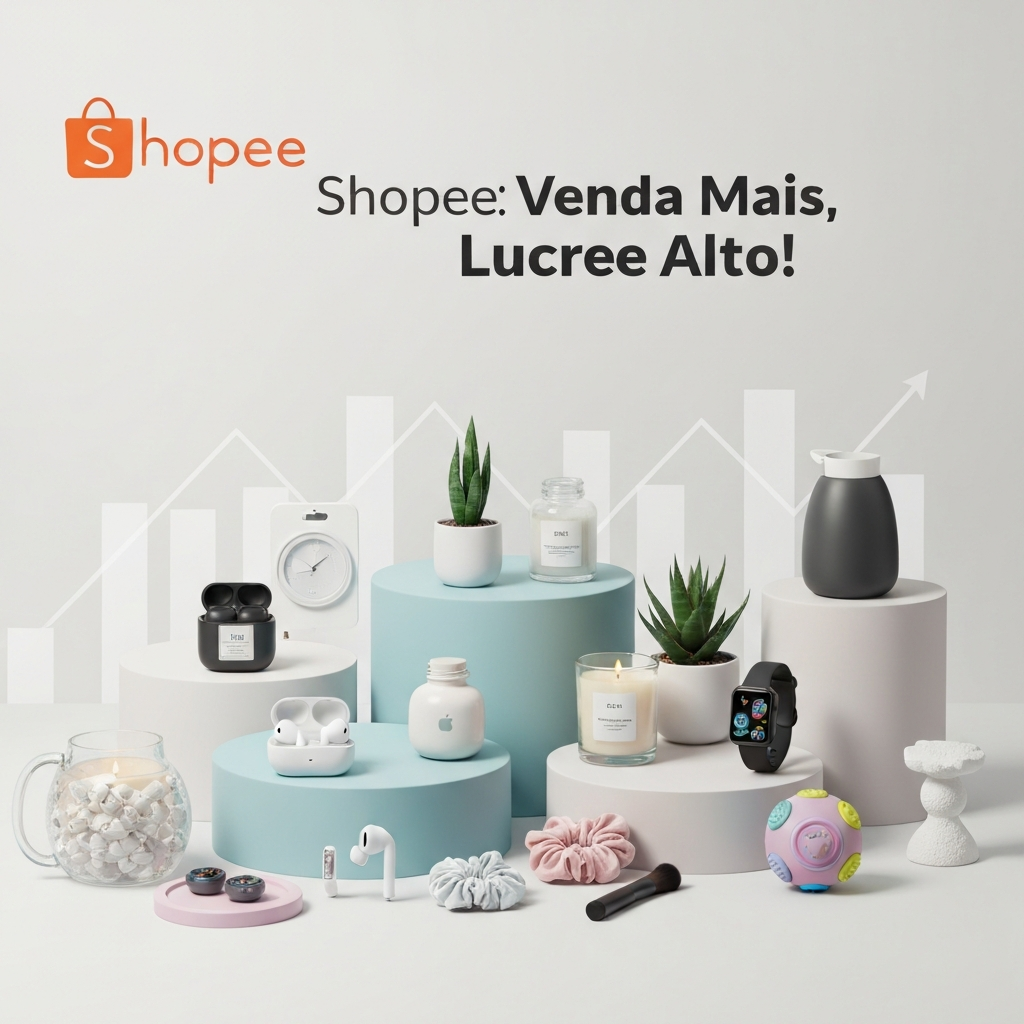 Imagem de capa para o artigo "O Que Vender na Shopee? 50 Ideias e a Estratégia para Lucrar em 2024". Mostra uma variedade de produtos populares de e-commerce como eletrônicos, itens de casa e beleza, dispostos em um fundo limpo, com gráficos sutis de crescimento, simbolizando oportunidades de venda e lucro na Shopee.