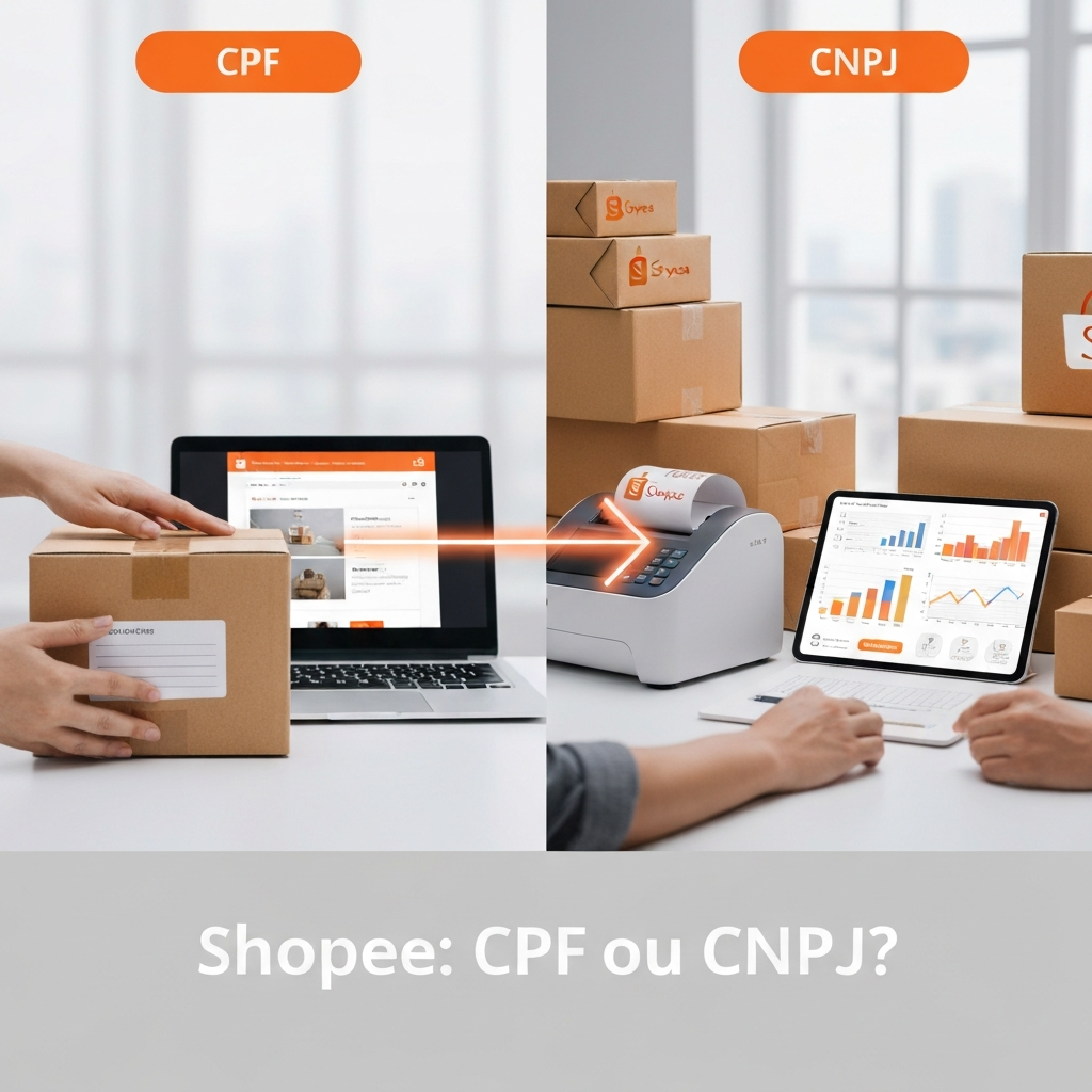 Imagem conceitual dividida mostrando a transição de vendas na Shopee de pessoa física (CPF) para pessoa jurídica (CNPJ), com um lado simples e outro profissional, ilustrando as vantagens, limites e qual escolher.