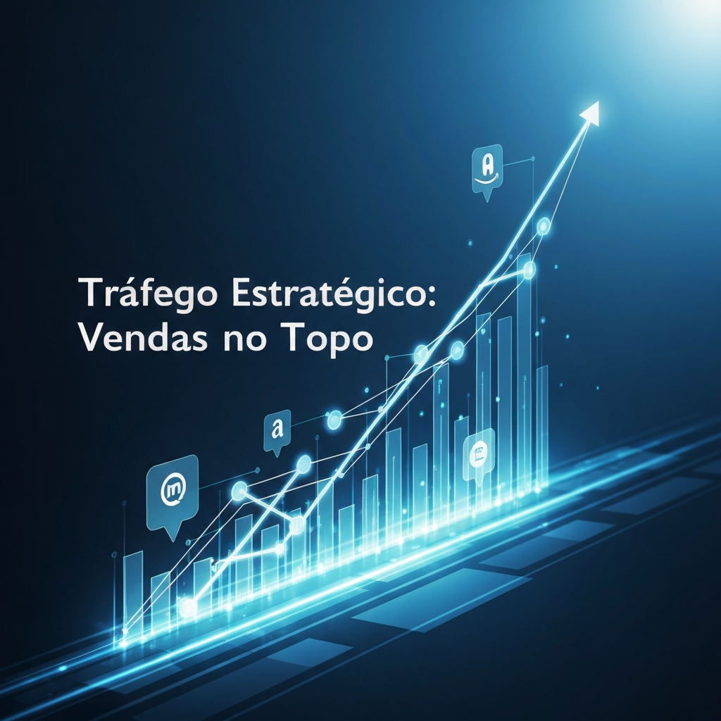 Uma ilustração digital moderna e dinâmica que representa o crescimento e a otimização de vendas em marketplaces, com linhas ascendentes e elementos de dados, simbolizando as estratégias avançadas de Gestão de Tráfego para Marketplaces com Mercado Ads e Amazon Ads.