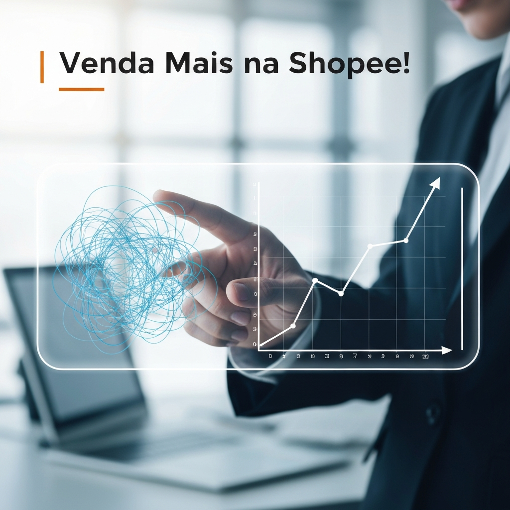 Imagem de uma mão profissional interagindo com uma tela digital, onde um gráfico complexo e emaranhado se transforma em uma linha de tendência clara e ascendente, simbolizando a correção de erros e o aumento de vendas na Shopee. O título do artigo é "Vendas Baixas na Shopee? 7 Erros Comuns (e Como Corrigir)".