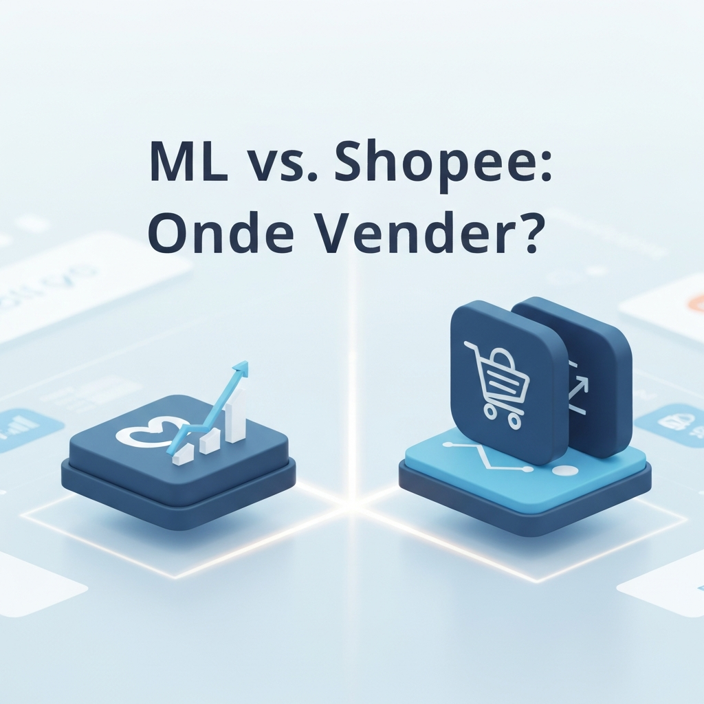 Uma imagem comparativa entre os logotipos estilizados do Mercado Livre e da Shopee, separados por uma linha divisória, simbolizando a decisão de "Mercado Livre vs. Shopee: Qual o Melhor para Vender em 2024?". A imagem tem um visual moderno e profissional, com elementos gráficos de crescimento e e-commerce.